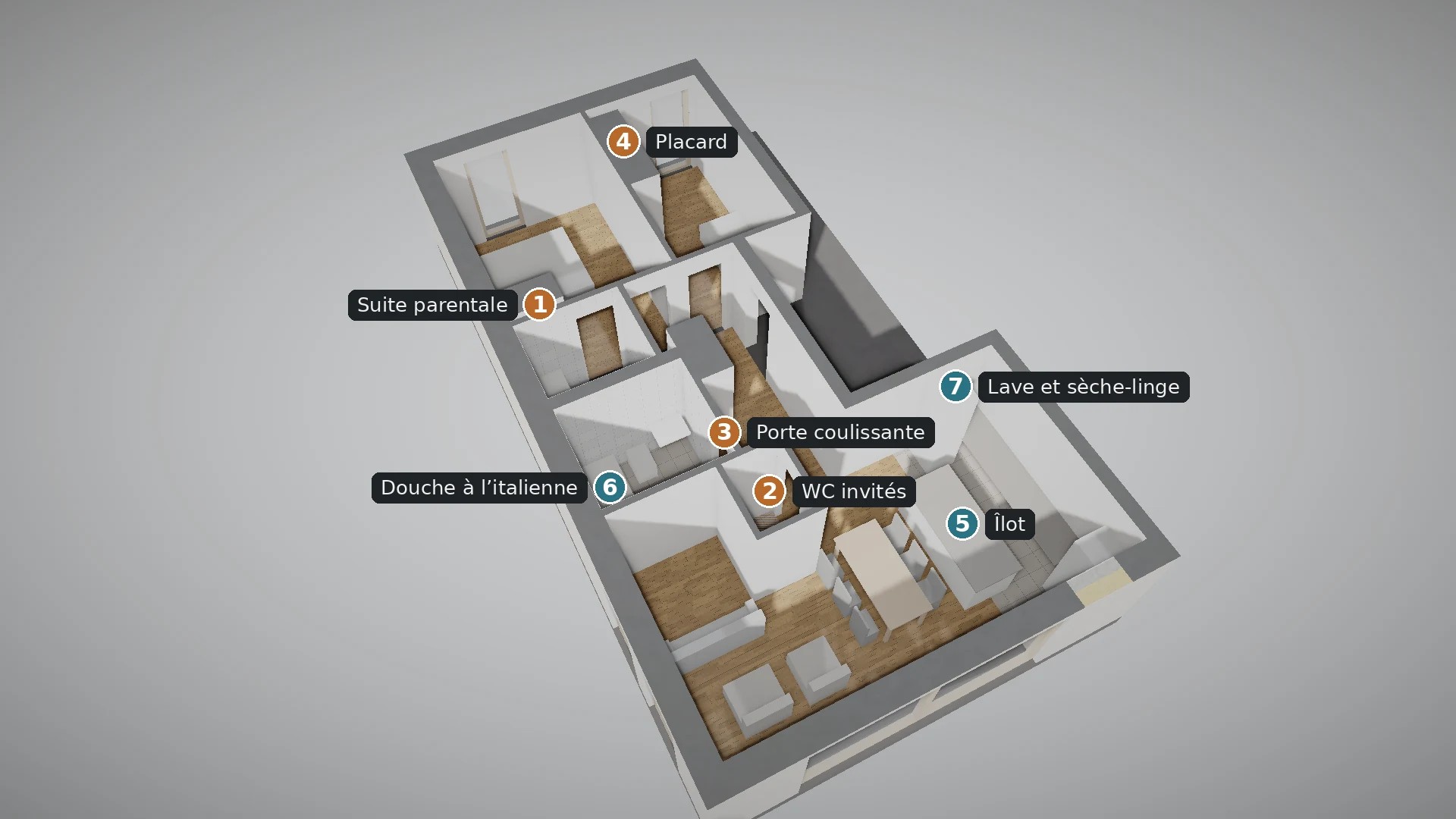 Illustration 3 – Une visualisation de la variante A. Suite parentale, WC invités et îlot de cuisine. La représentation n’établit pas la faisabilité des travaux.