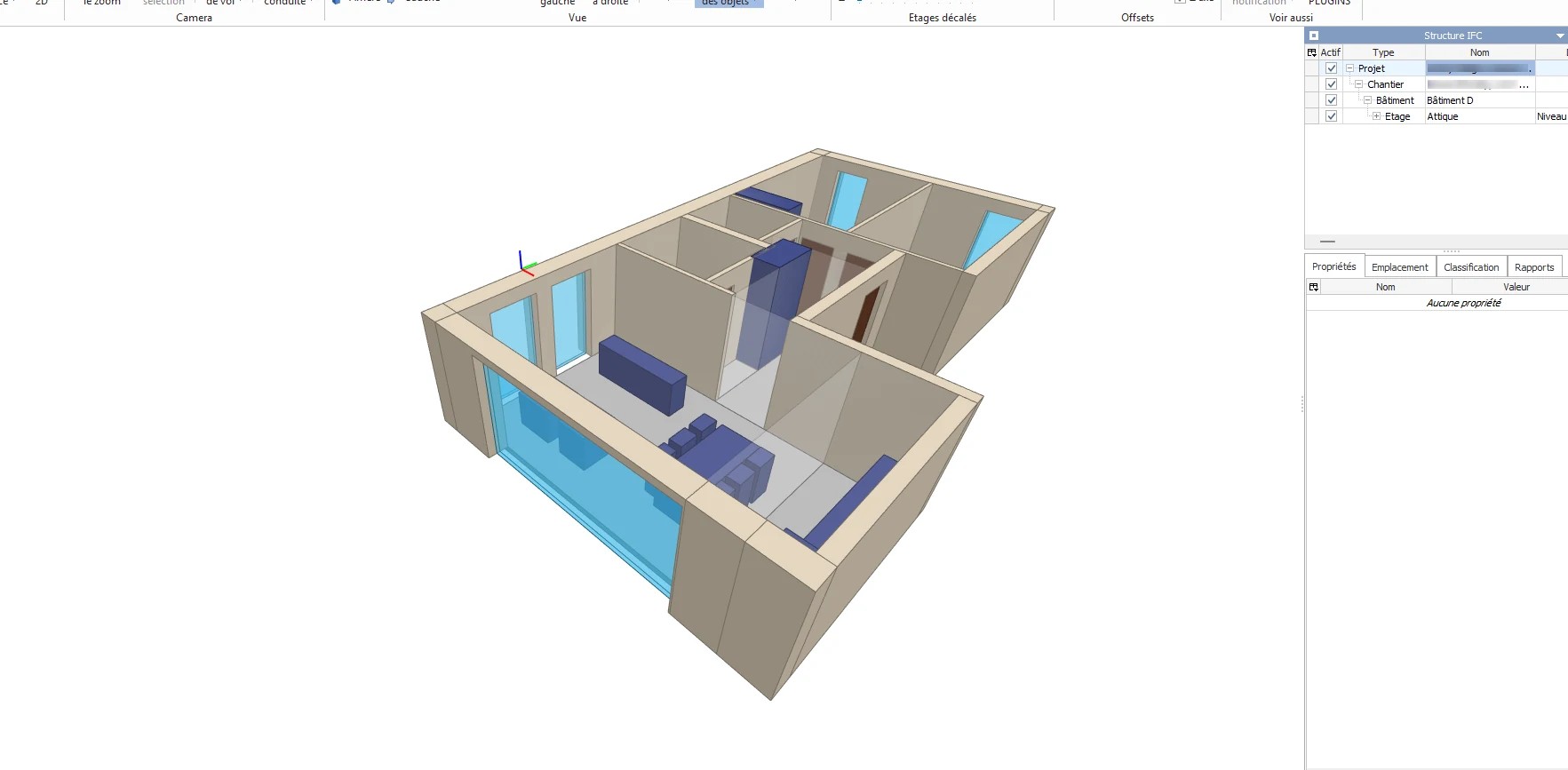 Illustration 4 – Le fichier IFC ouvert dans BIMvision. Le modèle généré avec Claude contient des objets IFC identifiés, mais présente des défauts géométriques et informationnels.
