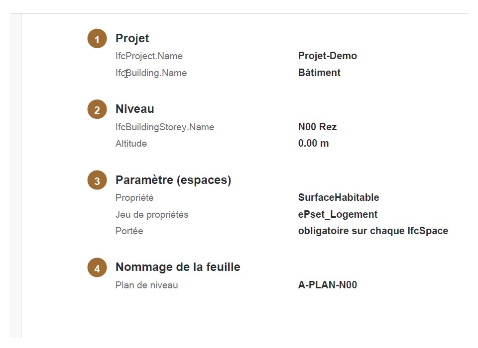 Illustration 6 – Les quatre exigences du BEP simplifié. Extrait de la vidéo de Sébastien : informations de projet, niveau, propriété SurfaceHabitable et nommage de feuille.