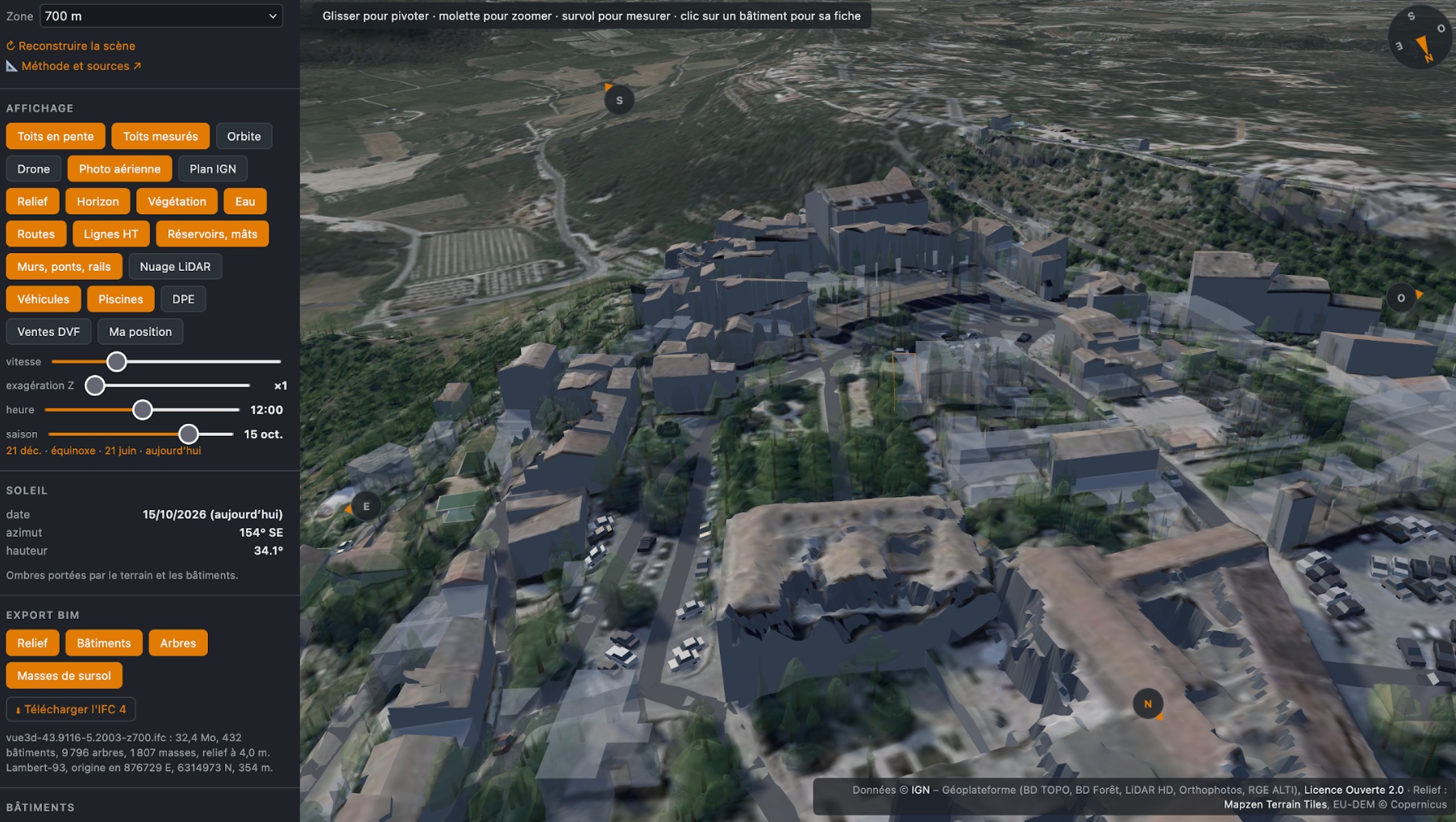 Le panneau Export BIM de Vue 3D IGN sur le village de Gordes, zone de 700 m