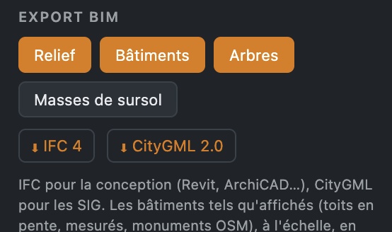 Les boutons IFC 4 et CityGML 2.0 du panneau Export BIM
