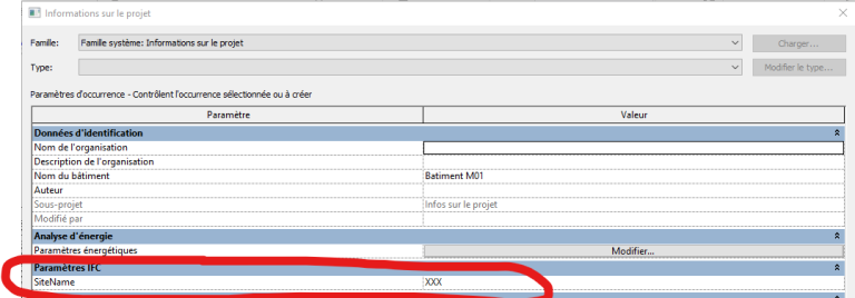 Comment intégrer les paramètres IfcSite GUID, IfcProject GUID et IfcBuilding Guid dans mes information sur le projet?