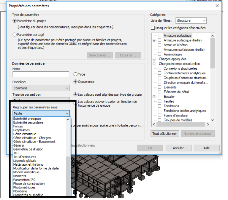 Regroupement des paramètres d'un objet sur revit