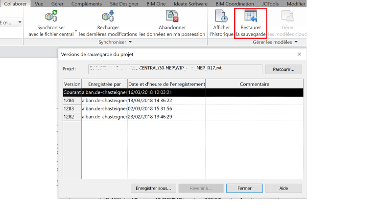 [REVIT] Spécification nombre sauvegarde projet collaboratif